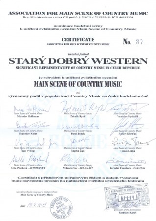 Certifikát Asociace hlavní scény country hudby Certifikát Asociace hlavní scény country hudby